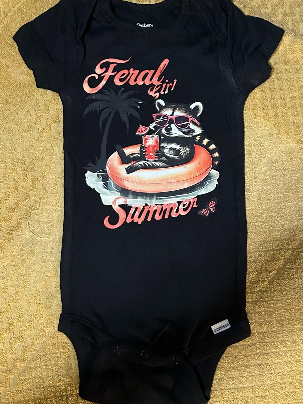 New! Gerber Black and Coral "Feral Girl Summer" Infant Bodysuit - Size 18 Months